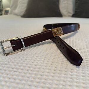 FOSSIL Womens Brown Leather Belt Ornate Silver Bronze Buckle Western Vintage MED